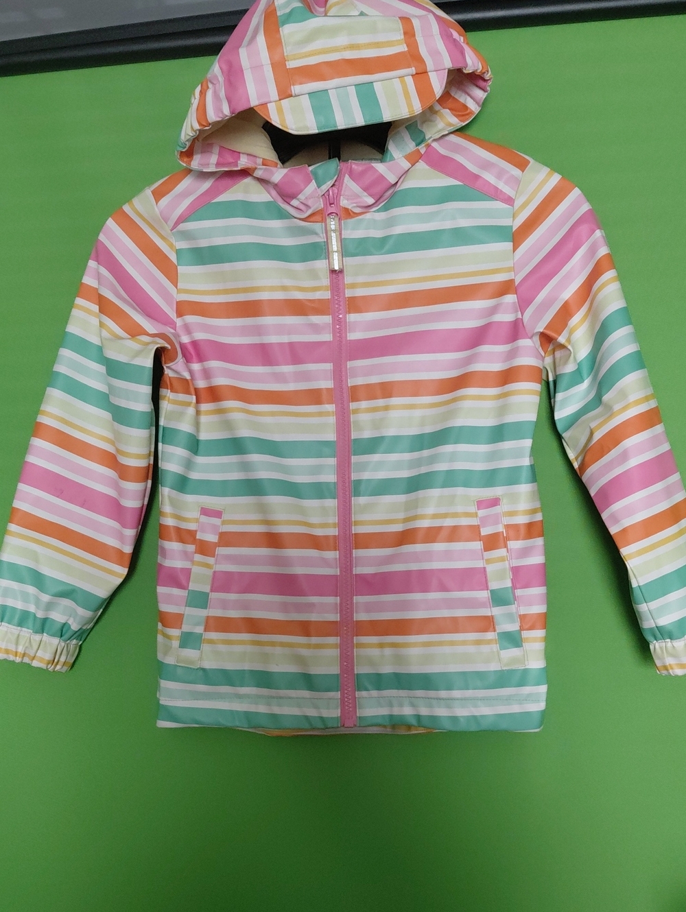 Cat & Jack Girl's Striped Hooded Rain Jacket . Sz. XS 4/5